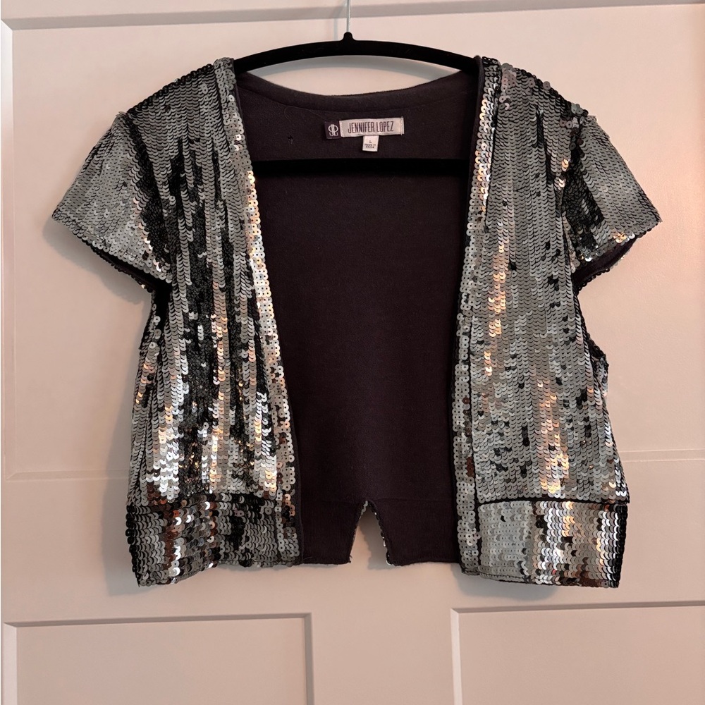 Jennifer Lopez Silver Sequin Open Front Cardigan